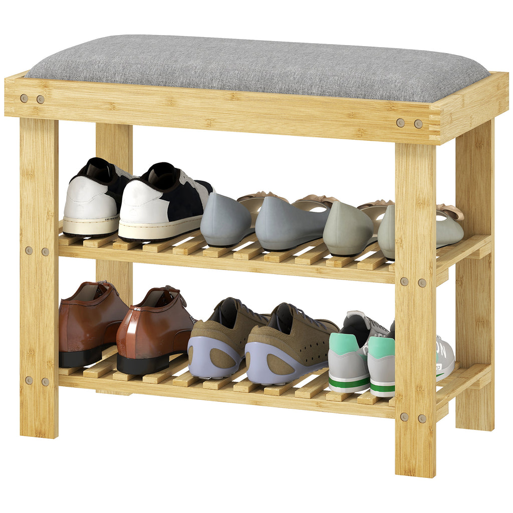 Schuhbank mit Sitzfläche, Bambus Sitzbank mit Stauraum, 2 offene Fächer, Sitzbank 60 x 29 x 49 cm Grau