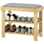 Schuhbank mit Sitzfläche, Bambus Sitzbank mit Stauraum, 2 offene Fächer, Sitzbank 60 x 29 x 49 cm Grau