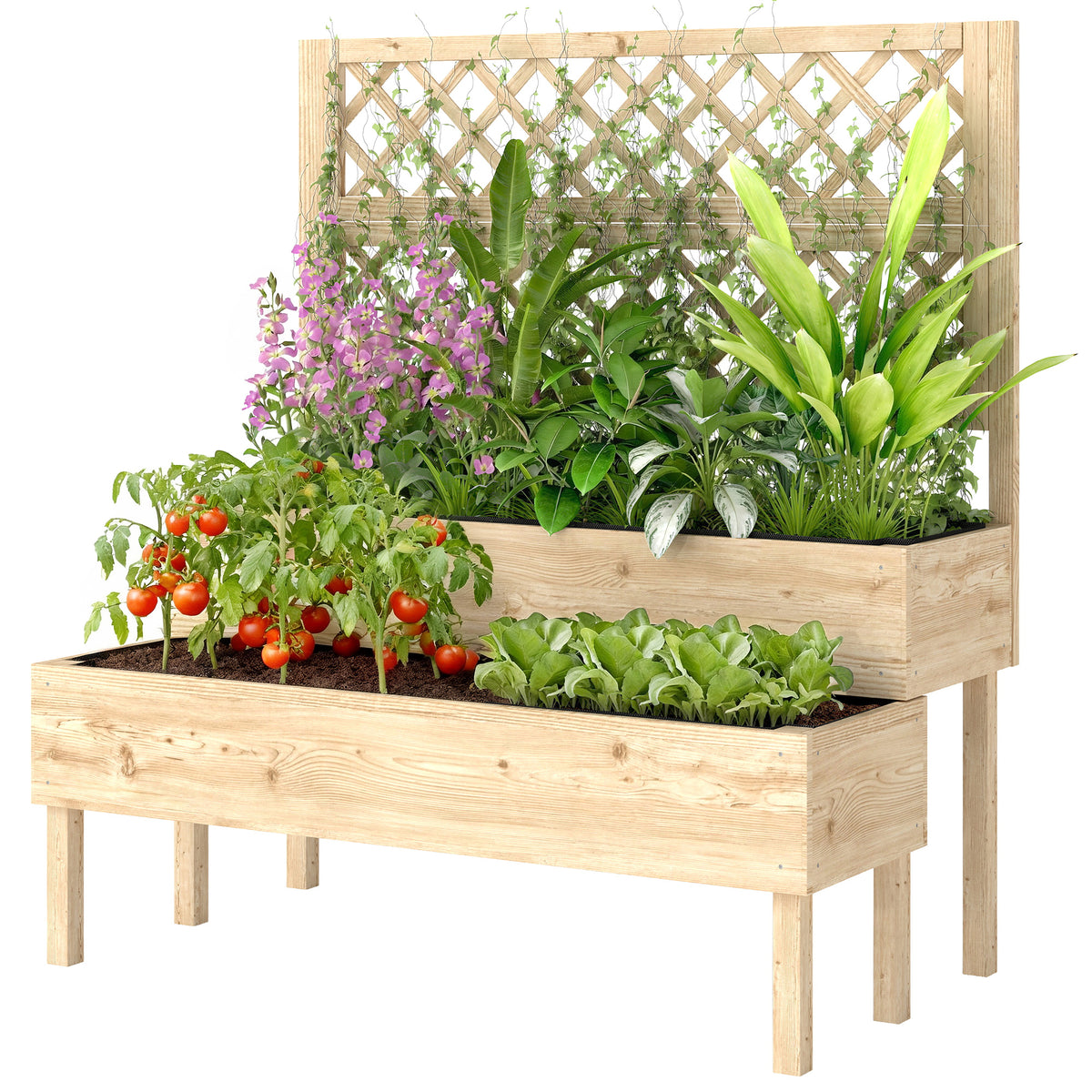 Raised Garden Bed 2-Tier Stepped Design Planter Box with Trellis for Climbing Plants 108x62x120 cm