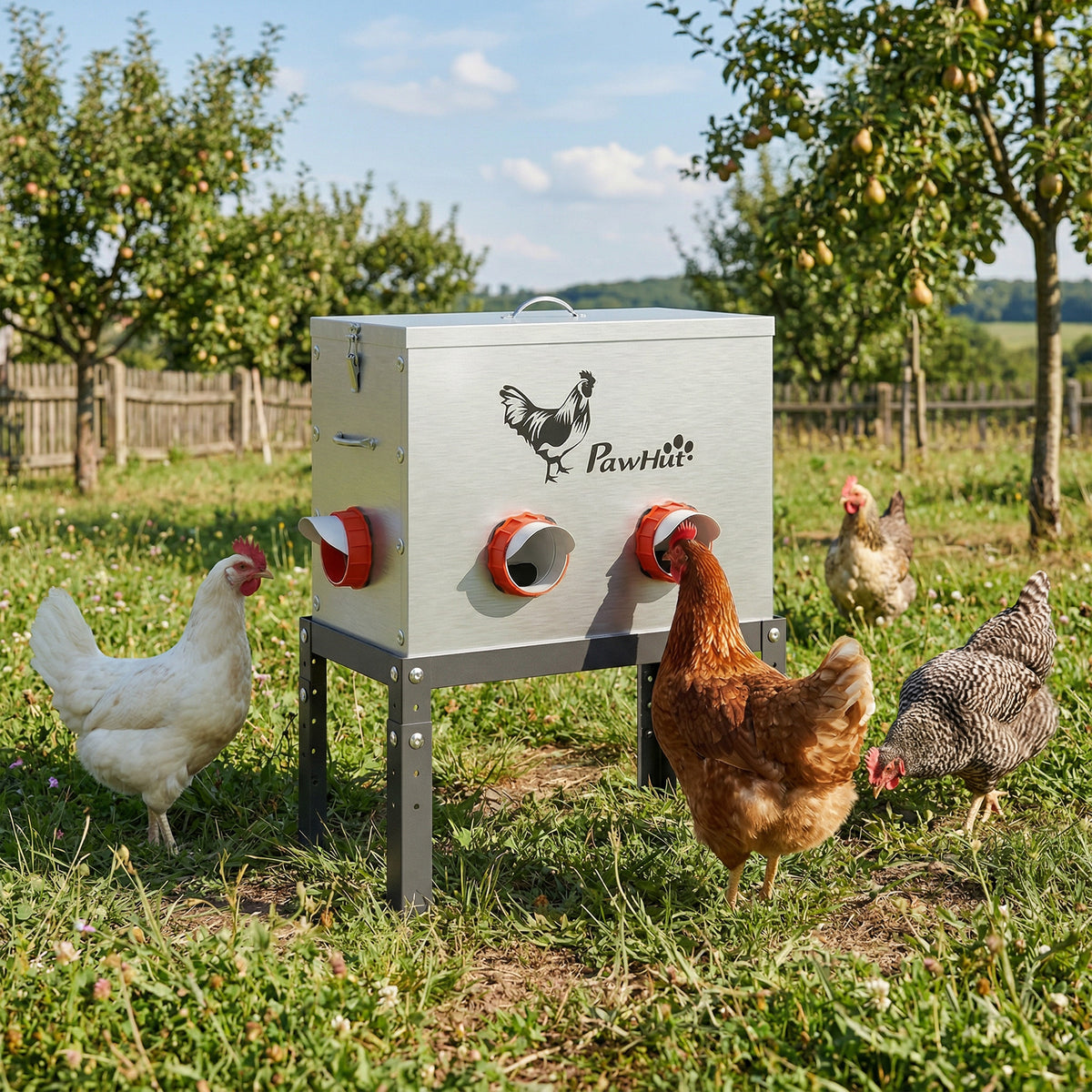 Futterautomat Hühner 18 kg Füllmenge mit abschließbarer Deckel verstellbarer Beine 6 Öffnungen 42x25x55,5 cm Silber