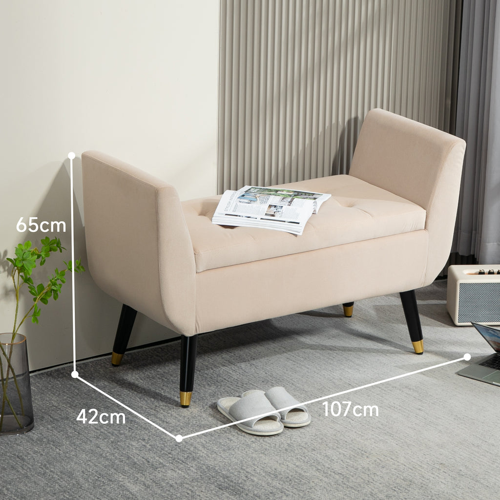 Polsterbank mit Stauraum, Armlehnen, Samtartiges?Polyester, Kautschukholz, 107 x 42 x 65 cm, Beige
