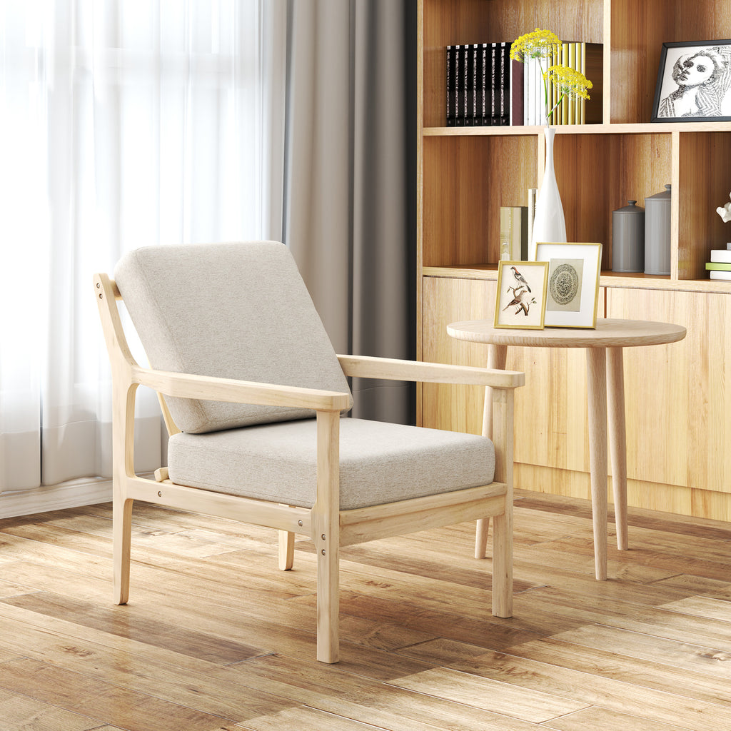 Polsterstuhl mit Armlehnen, solidem Holzrahmen und abnehmbaren Kissen, für Wohnzimmer, Schlafzimmer, Beige