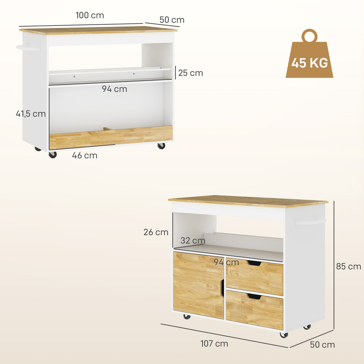K¨¹chenwagen, Rollbare K¨¹cheninsel, K¨¹chen-Trolley mit F?chern, Schrank und Arbeitsfl?che, Wei?