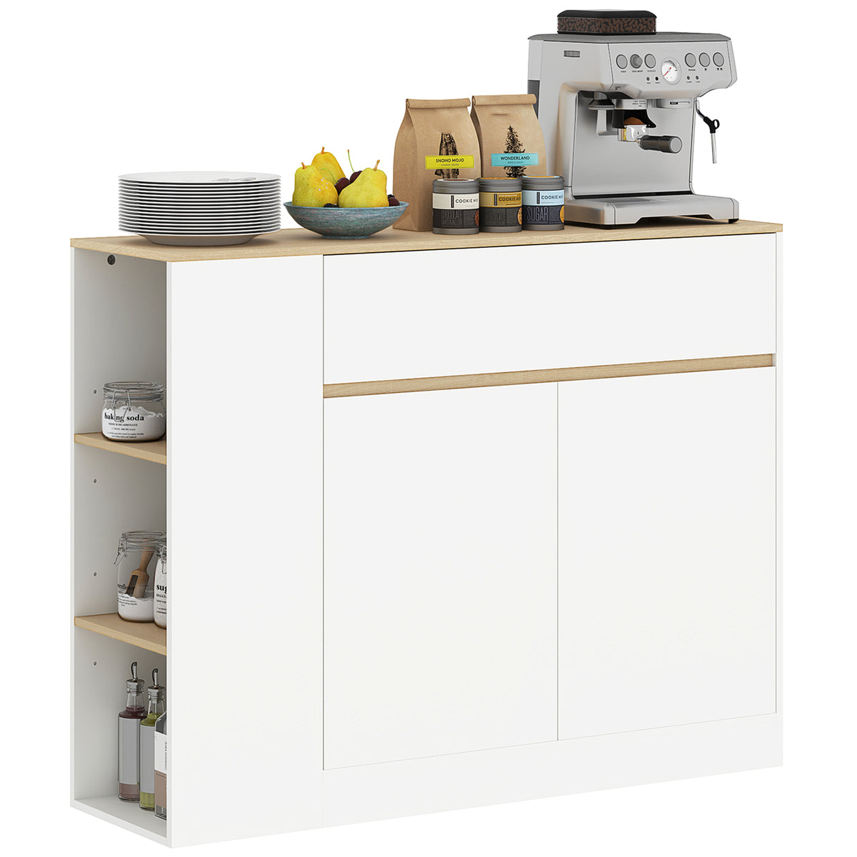 Sideboard, gro?es Schrankfach, 3 Ablagef?cher, Schublade, 106 x 30 x 81,2cm, Wei?/Holz
