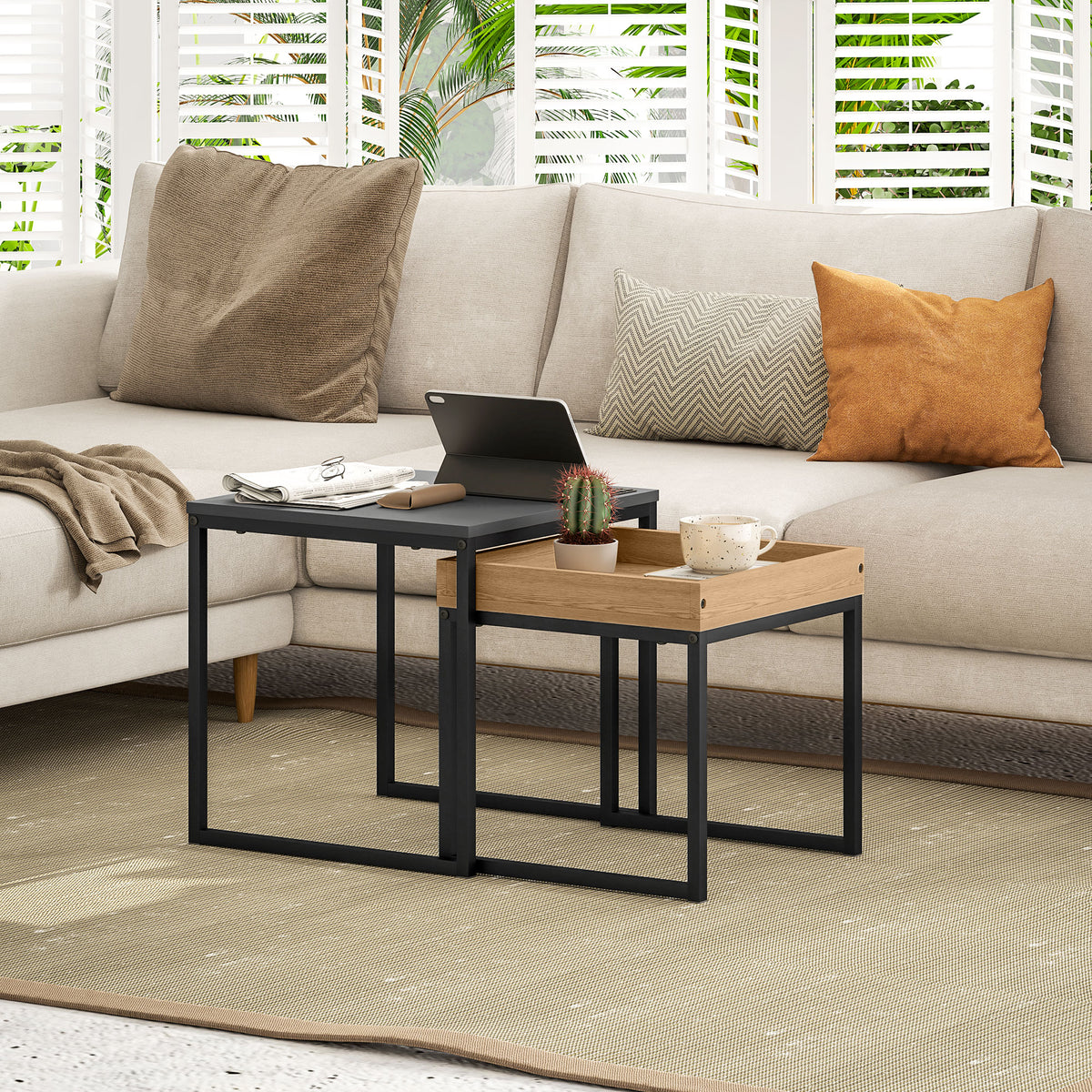 Set of Two Boxy Nesting Tables - Black/Wood-Effect