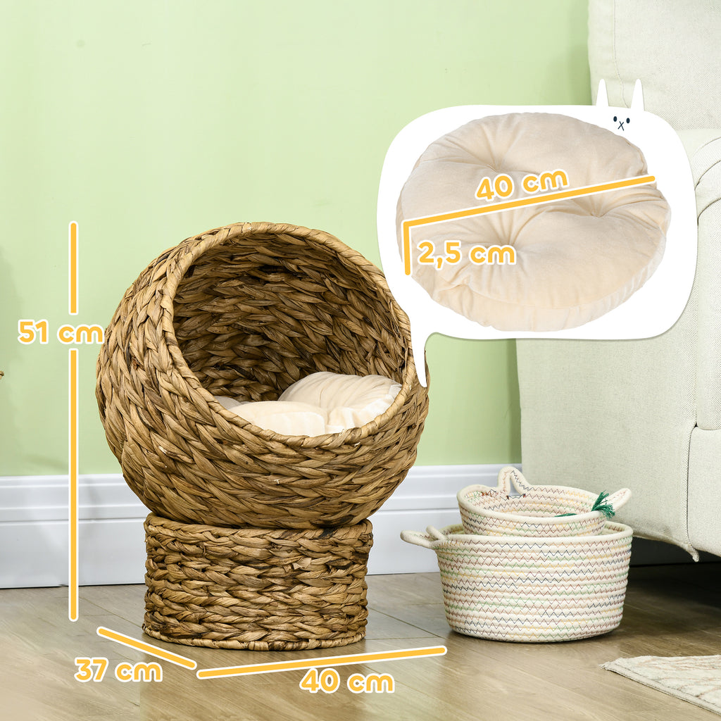 Woven Banana Leaf Elevated Cat Bed Wicker Kitten Basket Pet Den. House Cosy Cave with Soft Cushion Dome 42x33x52cm Brown