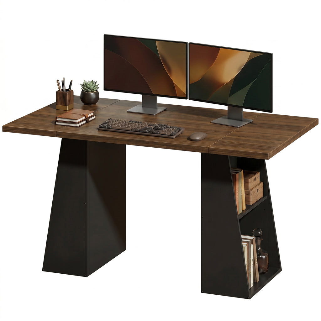 Schreibtisch mit 4 offenen Ablagen, Industrial Design, 140 cm, Braun-Schwarz