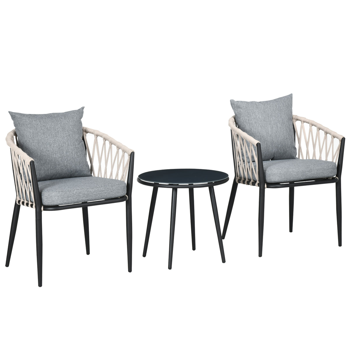 Gartenmöbel Set für 2 Personen inkl. 1 Tisch, 2 Stühlen mit Sitzkissen, Balkon-Set, Stahl, Grau