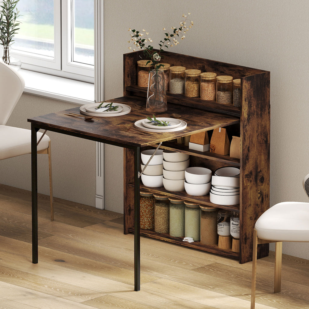 Esstisch Klappbar mit Regal, Industrie-Design, Platzsparend, Für Kleine Räume, 80x90x93cm, Rustikal-Braun