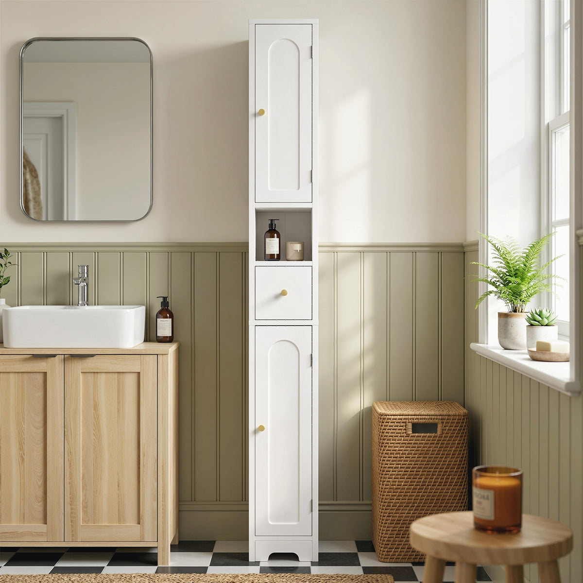 Badezimmerschrank schmaler Badschrank mit Schublade gewölbten Türen offenem Fach verstellbare Ablage 20x20x185 cm Weiß