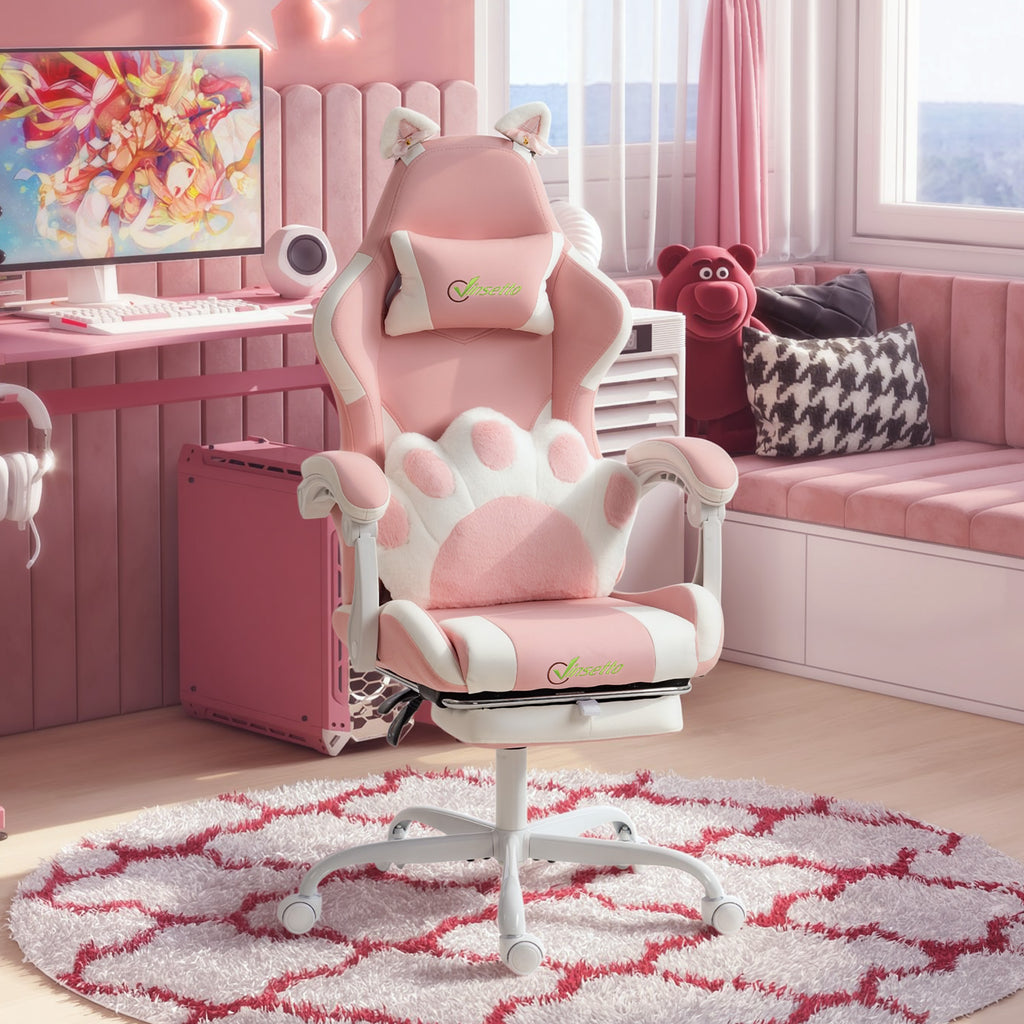 Ergonomischer Gaming-Stuhl, Katzenohren-Gamer-Stuhl aus Kunstleder mit Lendenstütze, Fußstütze, Kopfstütze, Rosa