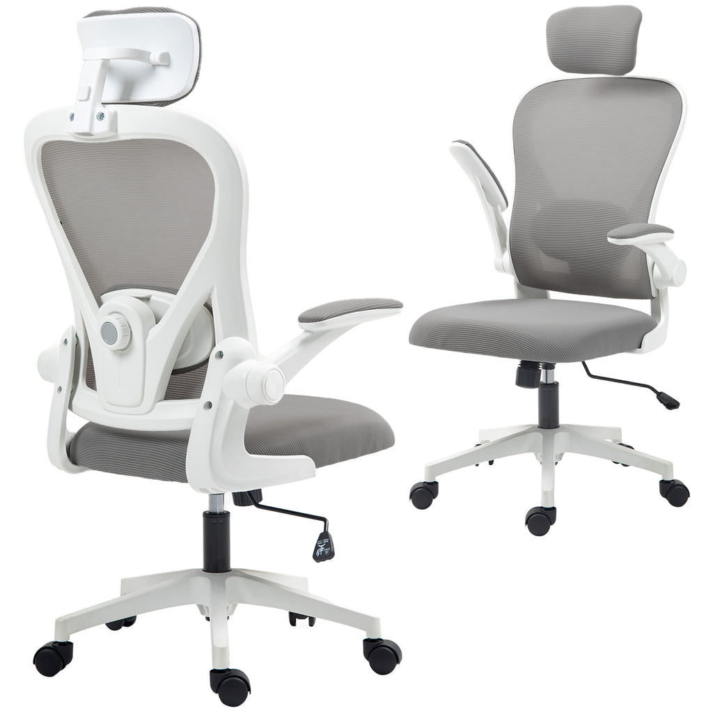 Bürostuhl Ergonomischer Schreibtischstuhl mit Hochklappbaren Armlehnen, Verstellbarer Lendenwirbelstütze Grau