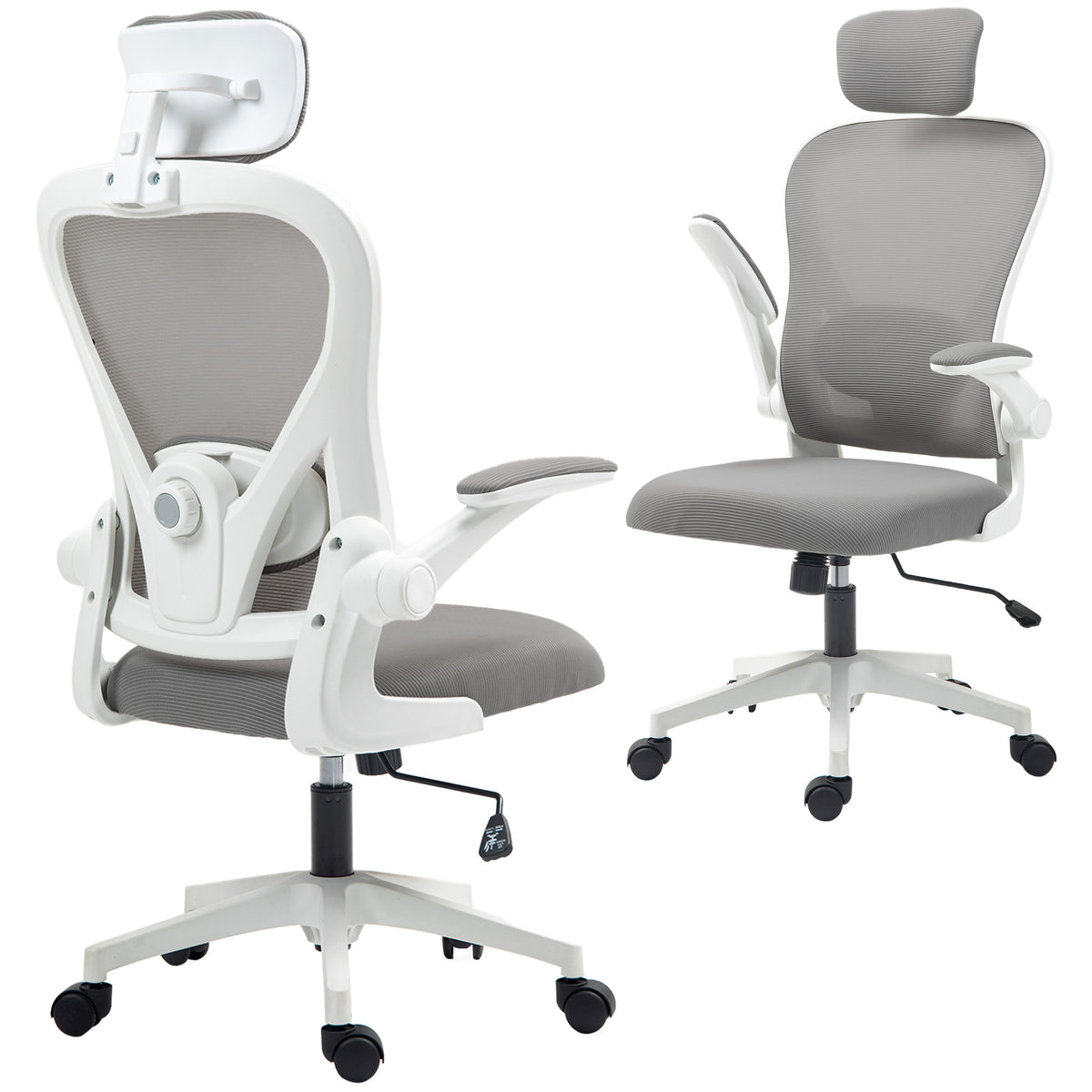 Bürostuhl Ergonomischer Schreibtischstuhl mit Hochklappbaren Armlehnen, Verstellbarer Lendenwirbelstütze Grau