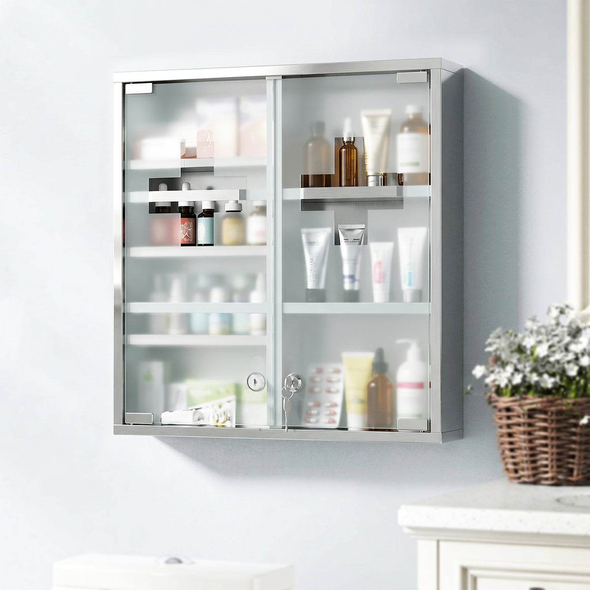 Medizinschrank, Abschließbarer Medikamentenschrank mit 2 Schlüsseln, Glastür und 6 Regalen, 48 x 46 x 12 cm, Silber