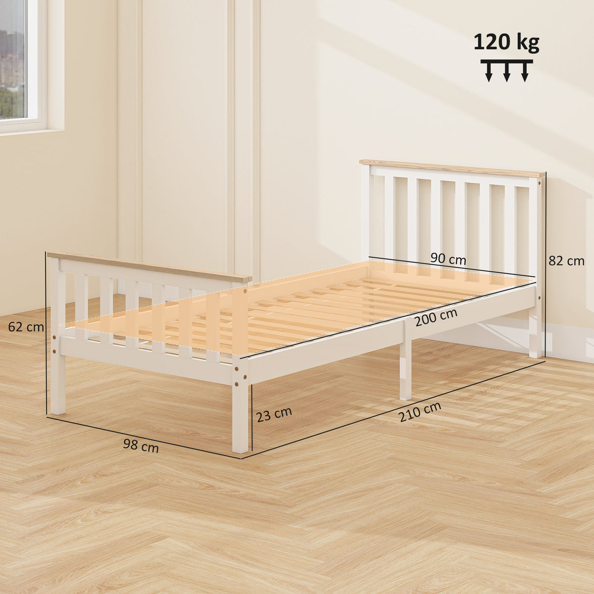 Einzelbettrahmen, Bettrahmen aus Holz, unterer Stauraum, Naturholz, Wei?