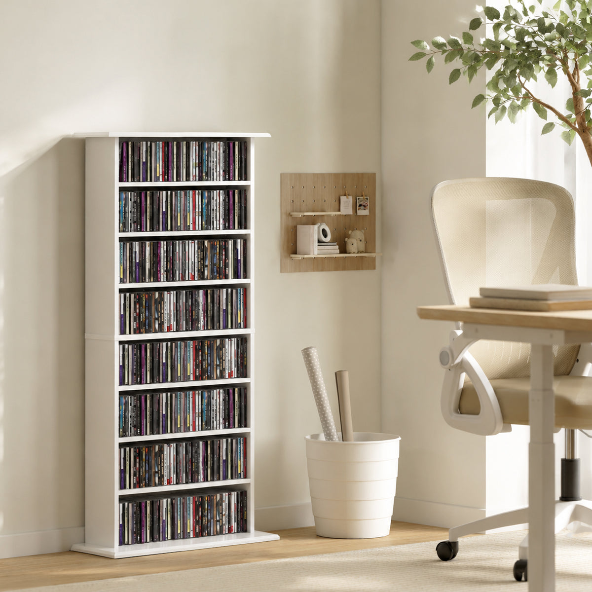Schmaler Medienschrank, 8 Ebenen, 6 verstellbare Einlegeböden, 8 Fächer, für 360 CDs, Weiß