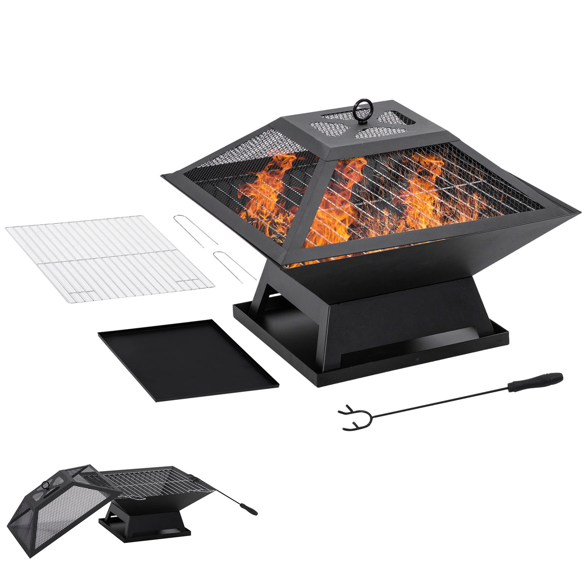 Feuerschale 45 x 45 x 34cm aus Edelstahl Feuerstelle mit Funkenschutz Schürhaken Feuerschalen Feuerkorb für Garten, Balkon, BBQ Camping Schwarz