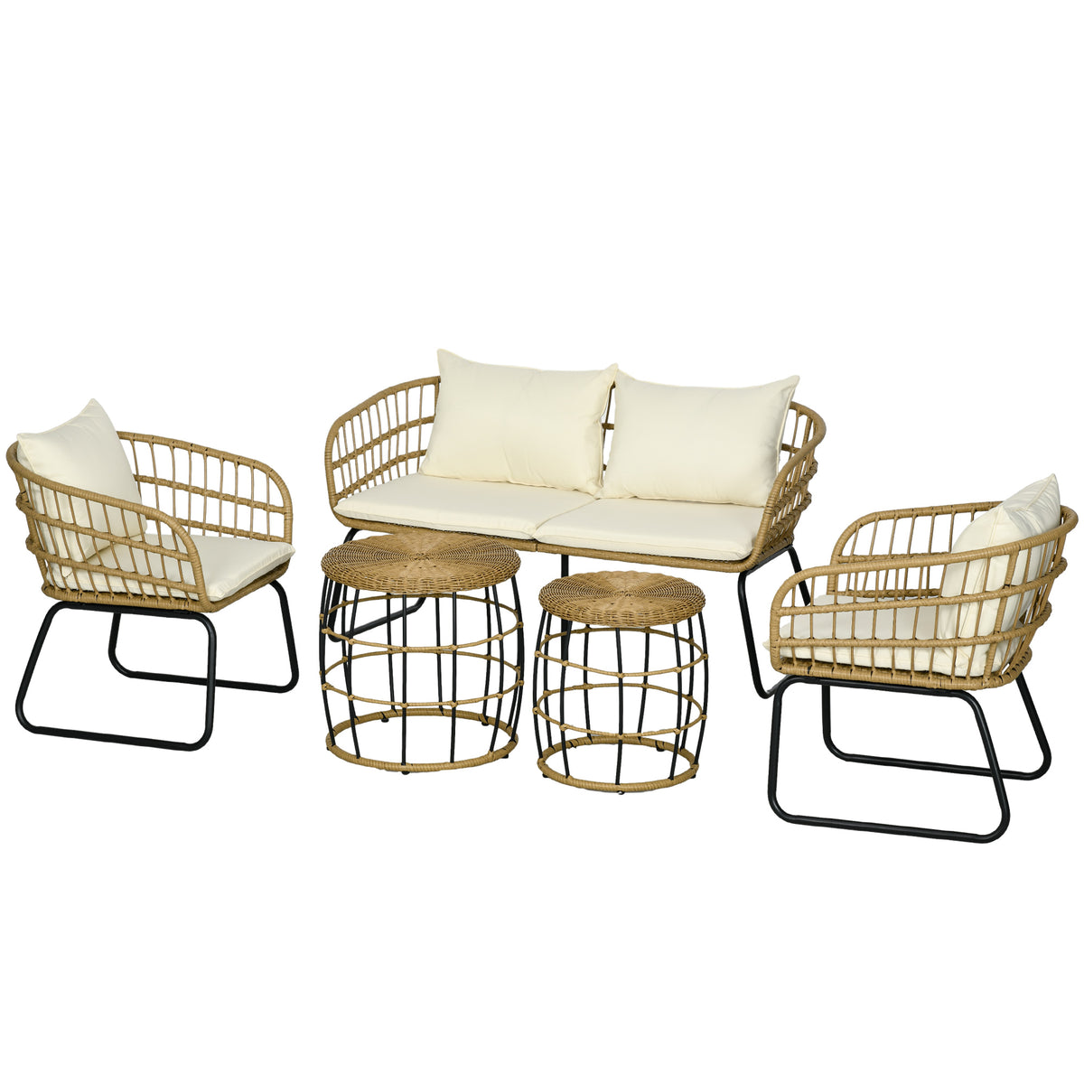 Rattansitzgruppe Lounge-Set Outdoor-Sitzgruppe, Boho-Stil, 5-teilges Set, 145 x 70 x 78 cm, Creme + Natur + Schwarz