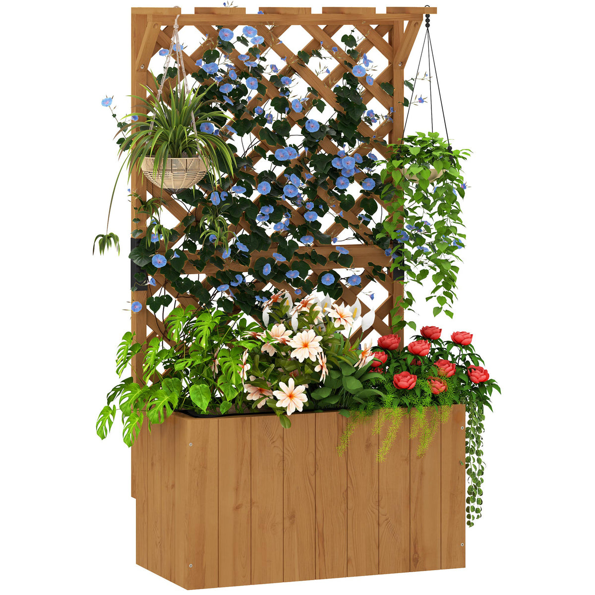 Hochbeet Pflanzkasten mit Rankgitter, Spalier Pflanzk¨¹bel Blumenkasten Holz, Gartenspalier 64 x 33 x 122cm Naturholz