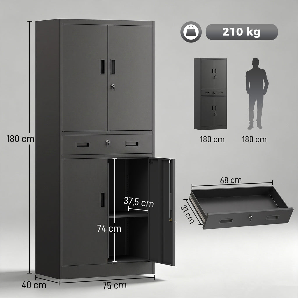 Metal Storage Cabinet, 180cm Tall Tool Cabinet with Locking Doors, Drawer and Adjustable Shelves, Black