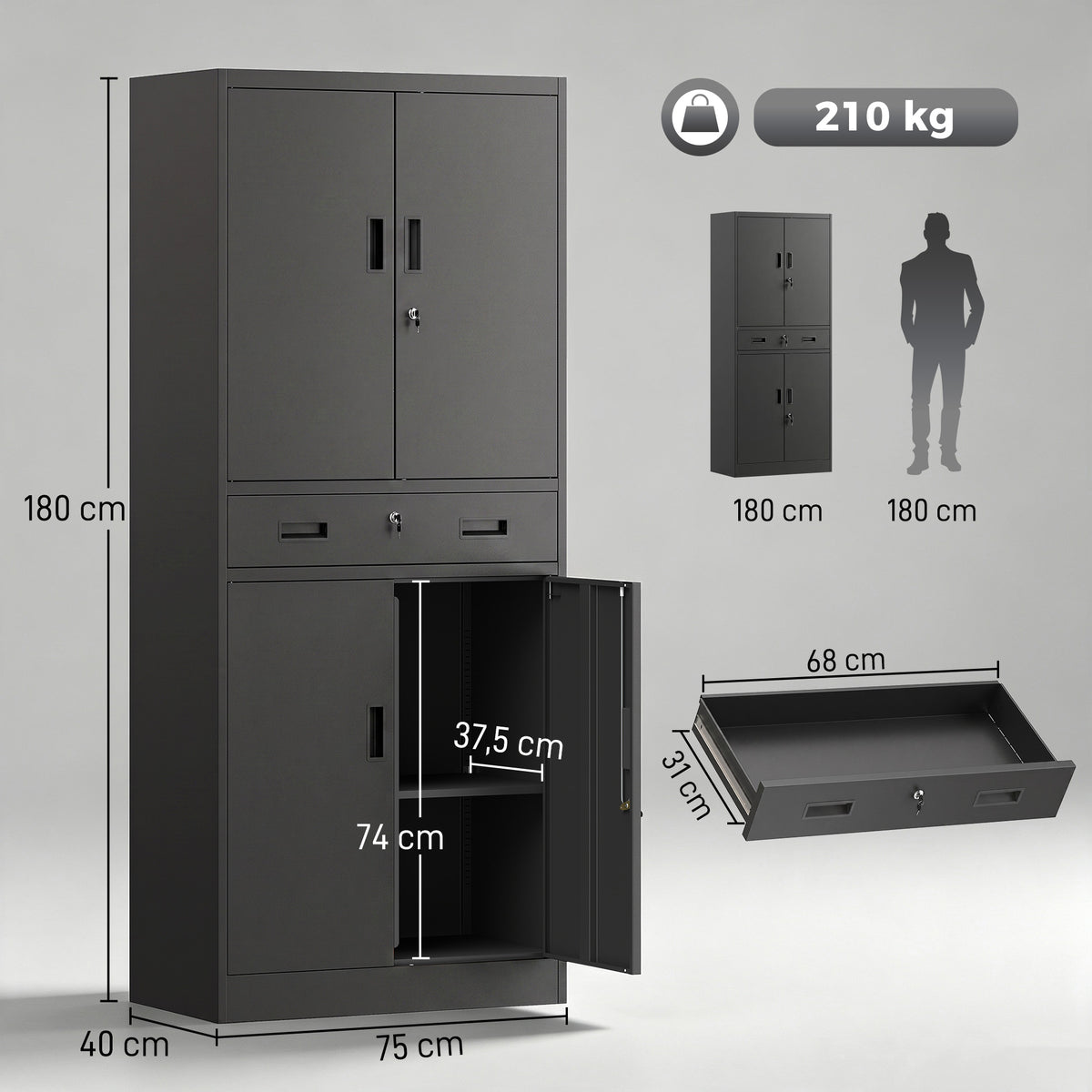 Metal Storage Cabinet, 180cm Tall Tool Cabinet with Locking Doors, Drawer and Adjustable Shelves, Black
