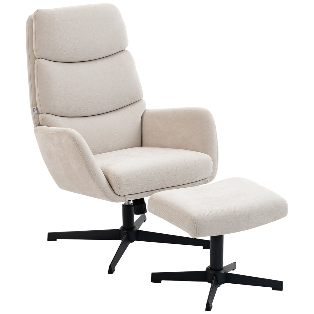 Polstersessel mit Fußhocker, Lounge-Sessel mit hoher Rückenlehne, Metallbasis, für Wohnzimmer, Schlafzimmer, Beige