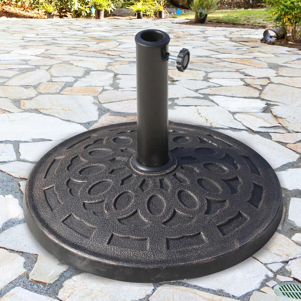 14 kg Round Garden Parasol Base Holder Decorative Resin Umbrella Stand with Adjustable Coupler for Outdoor Patio Market, Bronze Tone
