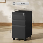 3-Drawer Steel Filing Cabinet with Lock and Wheels - Black