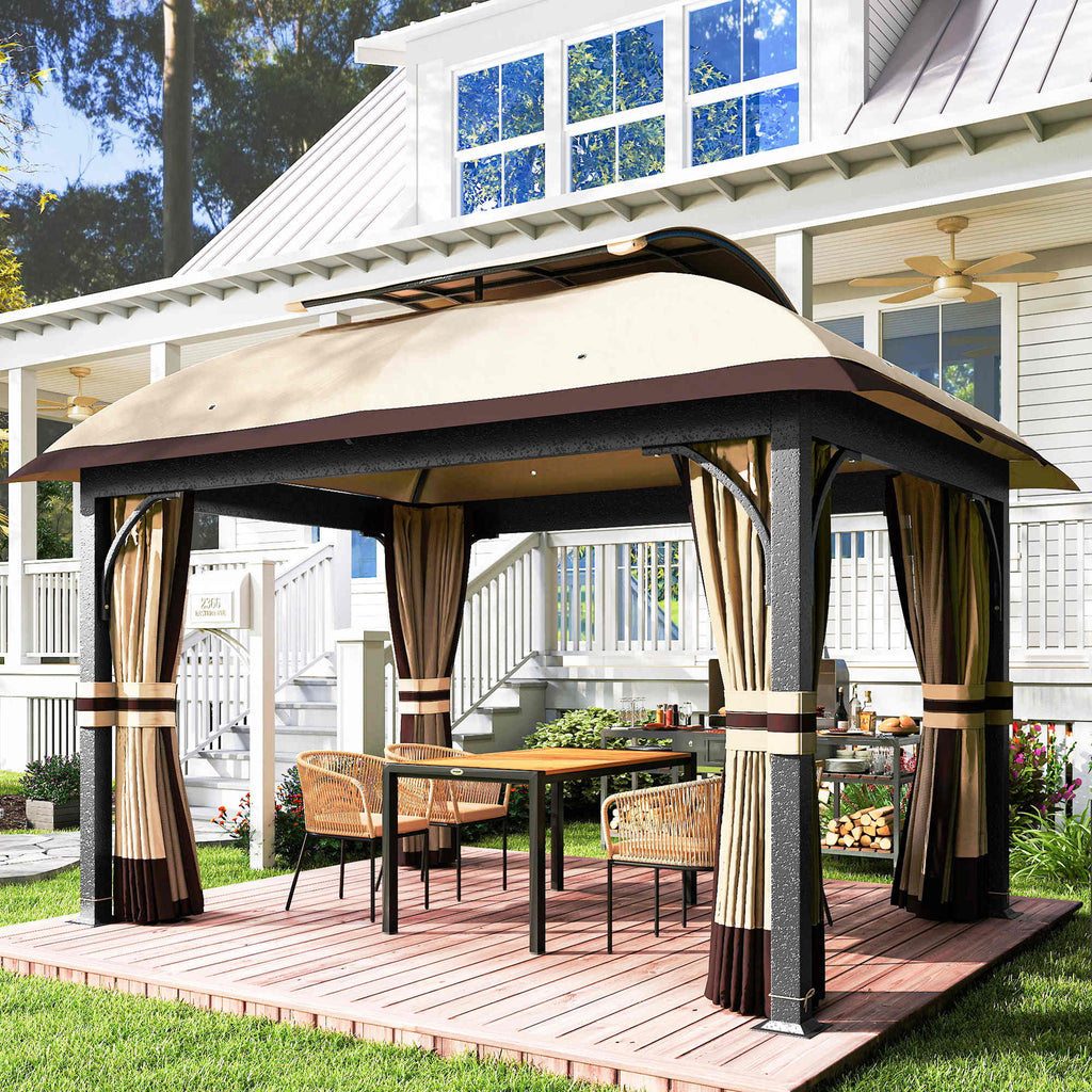 Gartenpavillon, 3,3 x 4 m Gartenzelt mit Netz-Vorhängen, zweistufiges Dach, Kunstleder-Bezug, Metallrahmen, Khaki
