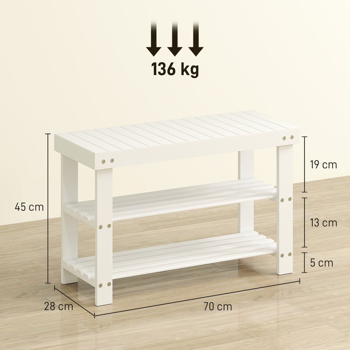Schuhbank mit Sitzfläche Stauraum 2 Ablagen 70 x 28 x 45cm Weiß