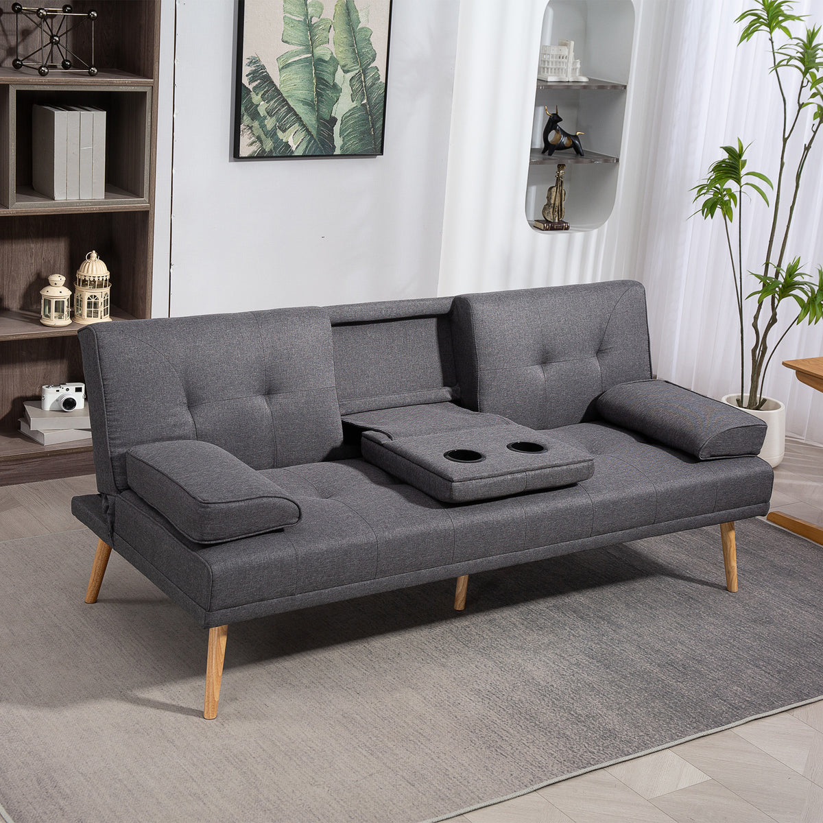 Schlafsofa im Skandi-Design, 3-Sitzer-Sofa, 2 Kissen, Grau + Natur