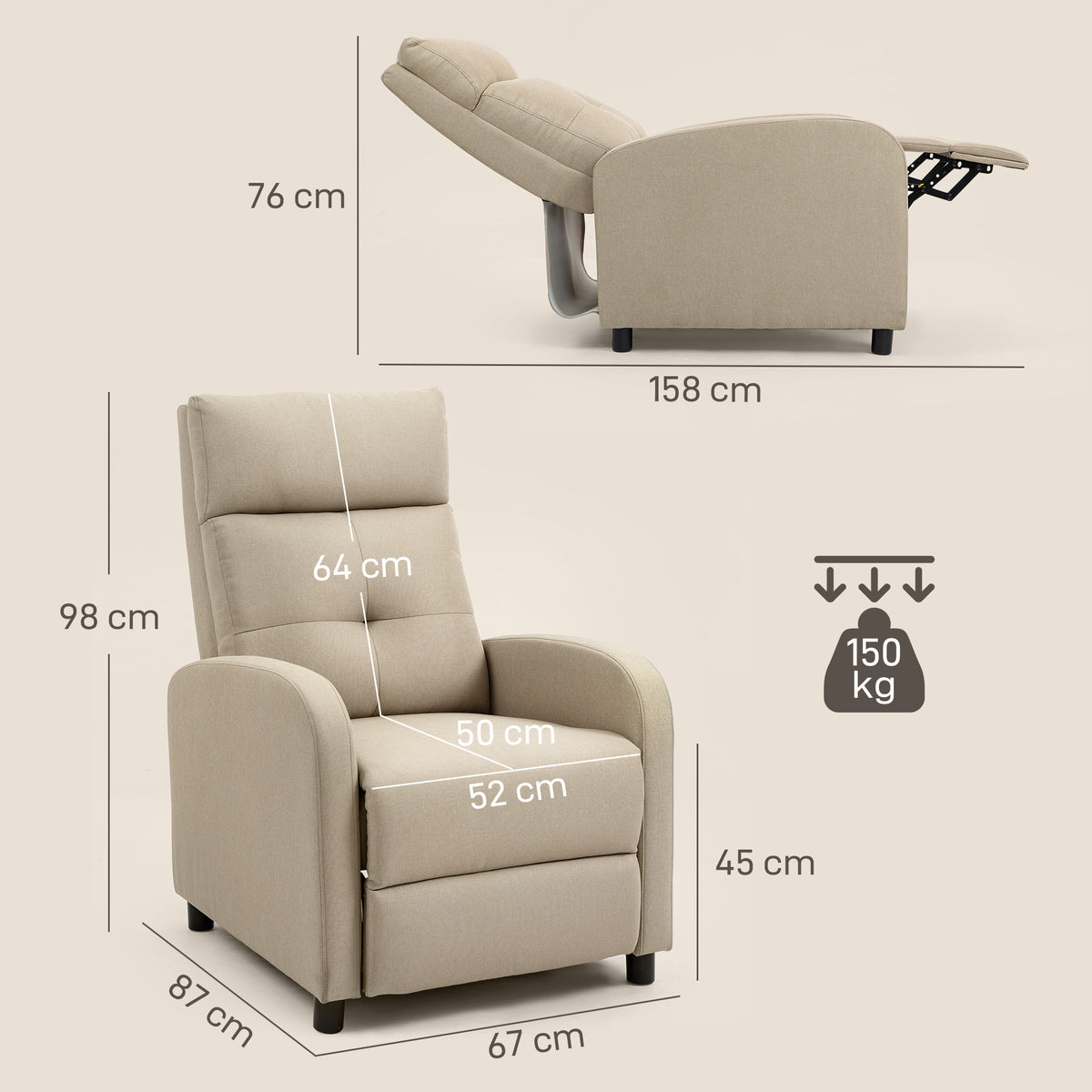 Relaxsessel mit Liegefunktion, ausfahrbares Fußteil, Taschenfederkern, bis 150 kg, Beige