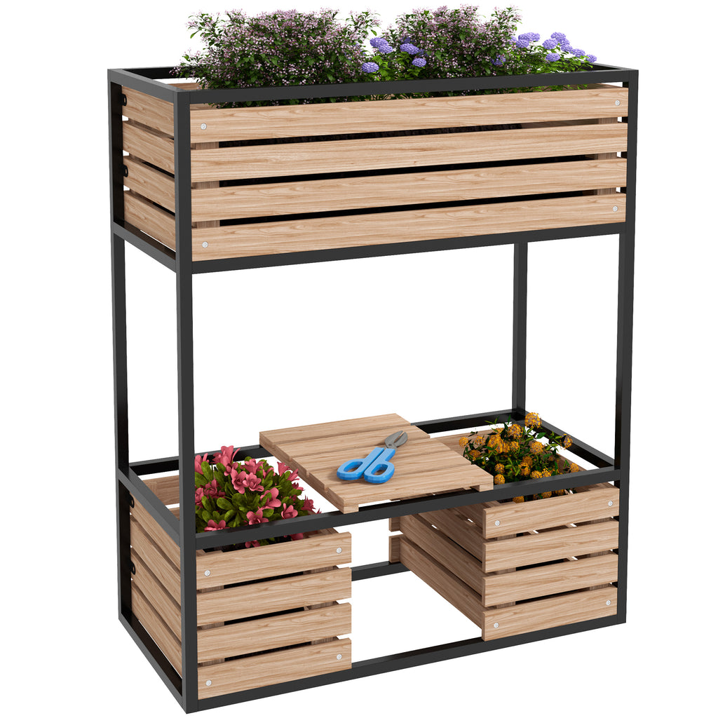 Planzkasten Blumentreppe Hochbeet, weterbest?ndig, 3 Pflanzk?sten, 83 cm x 39 cm x 100 cm, Natur + Schwarz