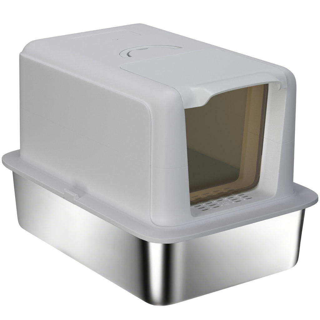Stainless Steel Cat Litter Box with Removable Lid, Scoop, Filter Bags, for Larger Cats, Grey