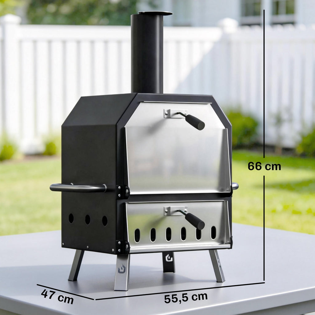 Outdoor Pizzaofen Holzbefeuerter Pizza Ofen Edelstahl 2 Ebene Backofen mit 1cm dick Pizzastein Klappbein