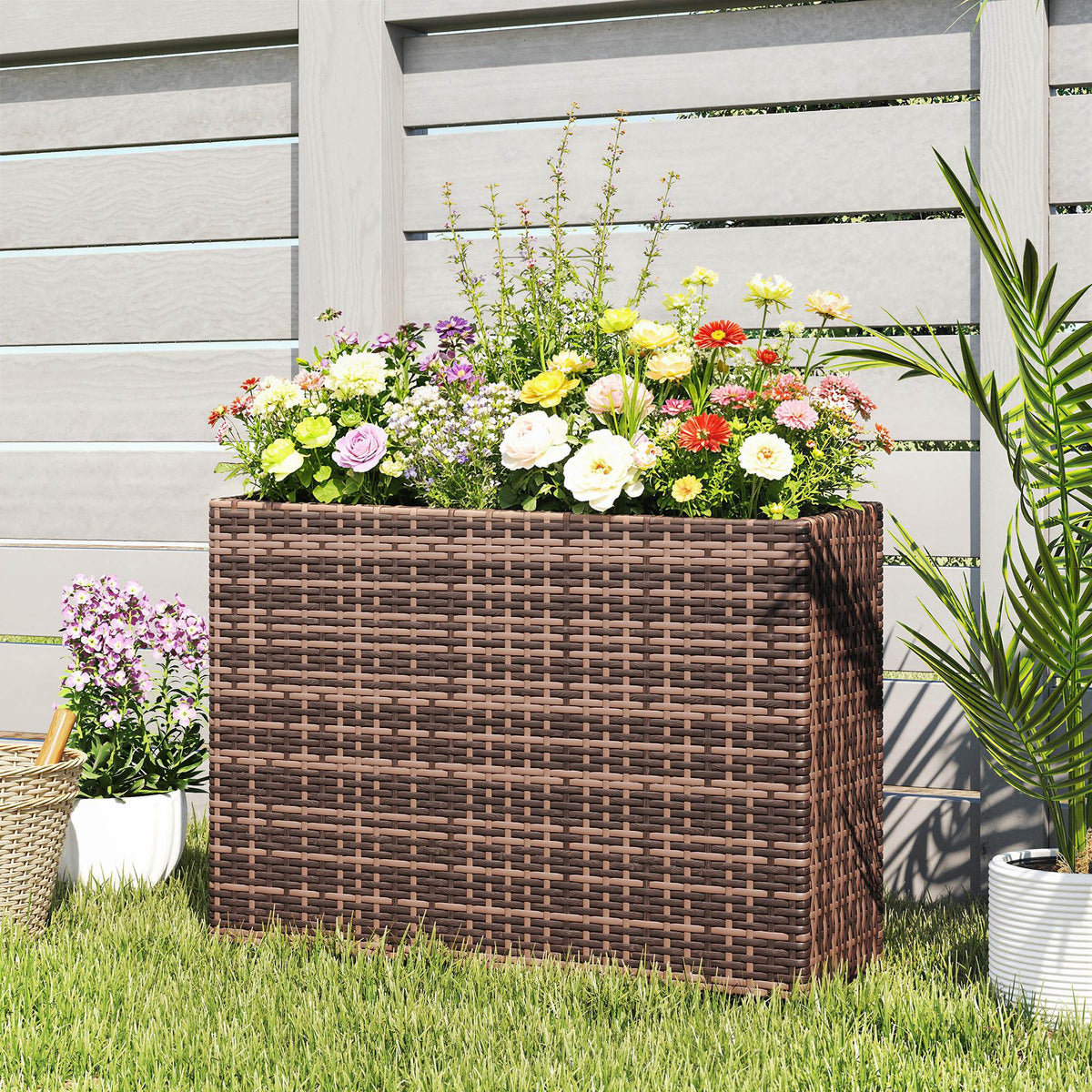 Hochbeet mit verstellbaren Füßen, Rattan Blumenkasten mit herausnehmbarem Einsatz für Terrasse und Balkon, Braun