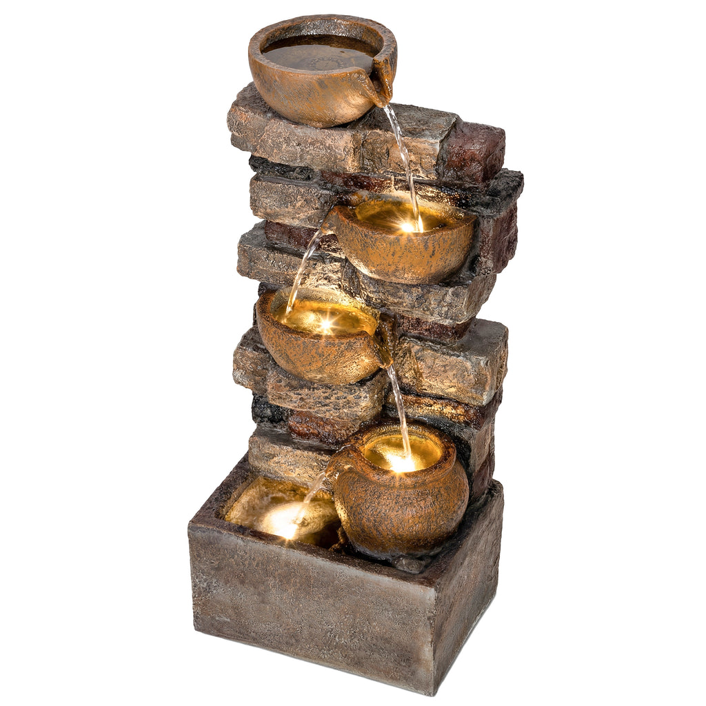 Springbrunnen 5-stufig Gartenbrunnen mit LED Beleuchtung Steinoptik Pumpe, Verstellbar 31 x 25,5 x 72 cm