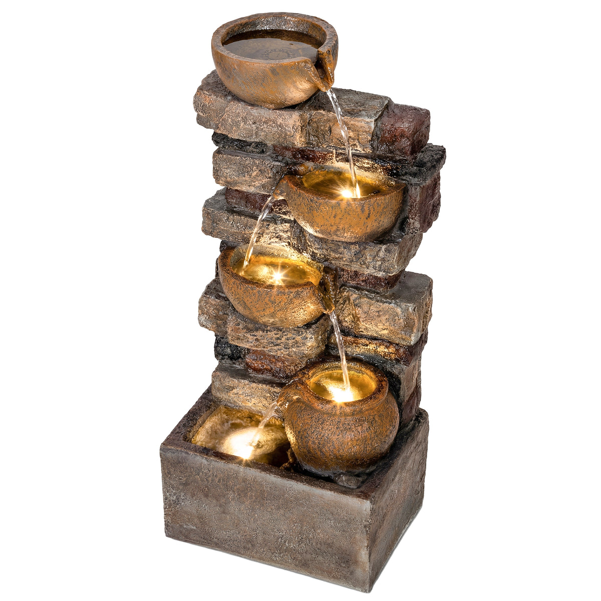 Springbrunnen 5-stufig Gartenbrunnen mit LED Beleuchtung Steinoptik Pumpe, Verstellbar 31 x 25,5 x 72 cm