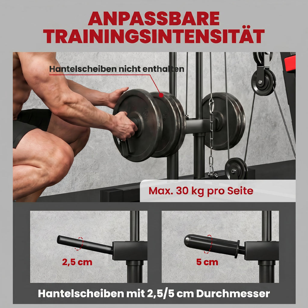Kraftstation Fitnessstation mit Latzug, Butterflystange, verstellbar Preacher Bank, Beintrainer, bis 120kg Schwarz+Rot