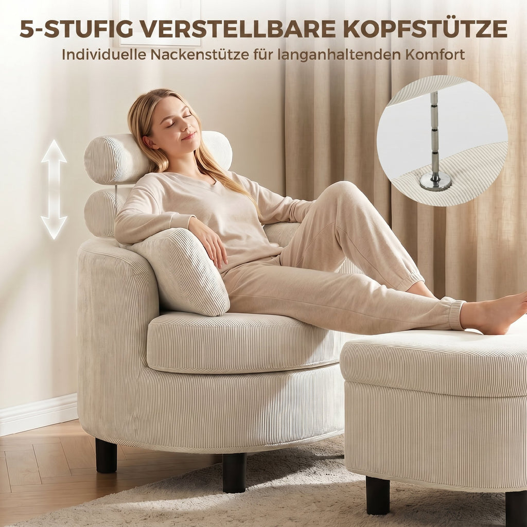 Sessel Loungesessel mit Aufbewahrungshocker, Kissen Cremeweiß