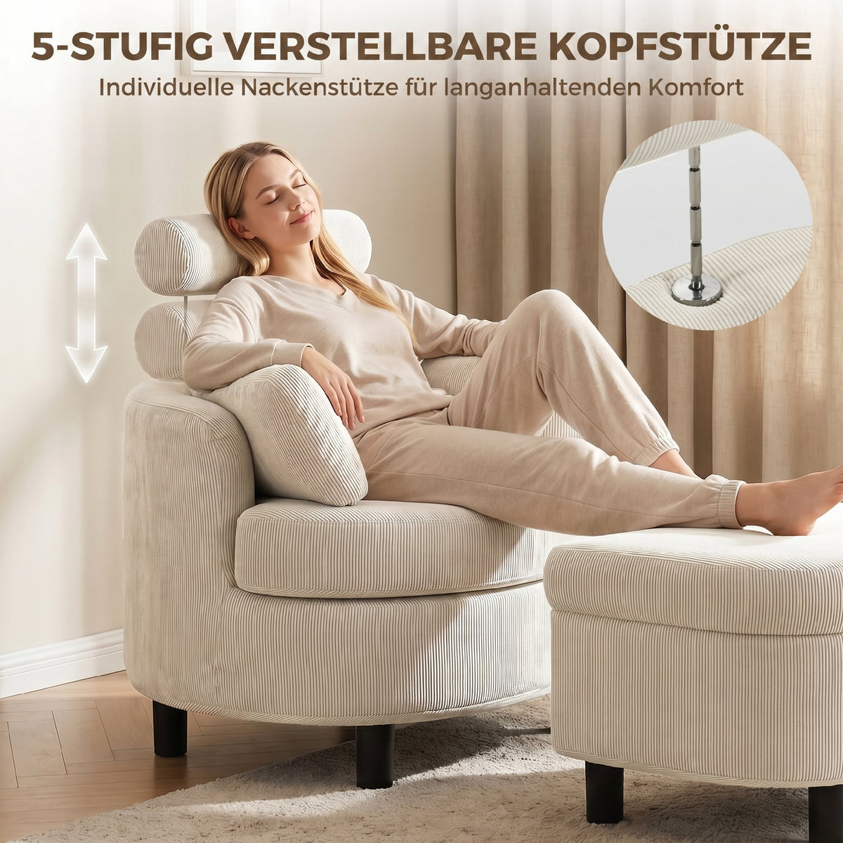 Sessel Loungesessel mit Aufbewahrungshocker, Kissen Cremeweiß