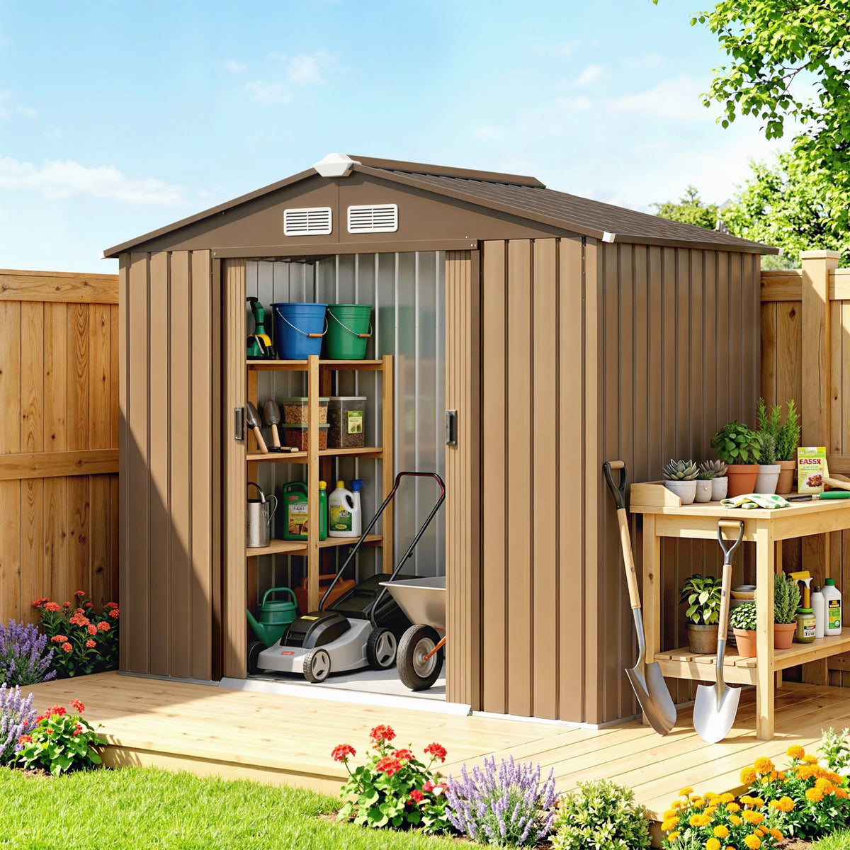 7 x 4ft Lockable Metal Garden Tool Storage Shed Storage - Light Brown