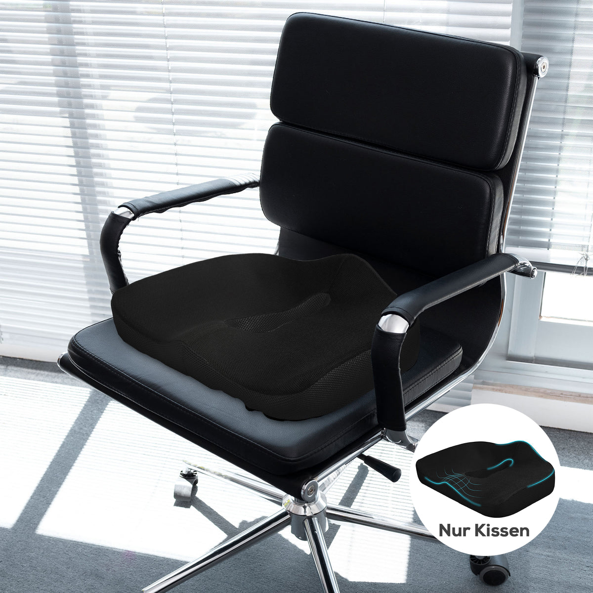 Sitzkissen, ergonomisch, atmungsaktiver Bezug, rutschfest, 44x39x13 cm, Schwarz