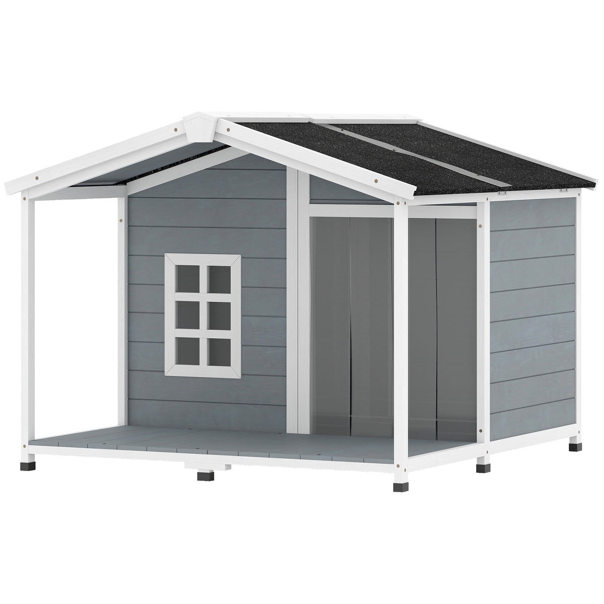 Hundehütte wetterfestes Erhöhtes Hundehaus aus Holz mit Asphaltdach, Terrasse, für mittelgroße Hunde 103x107x83,5cm Grau