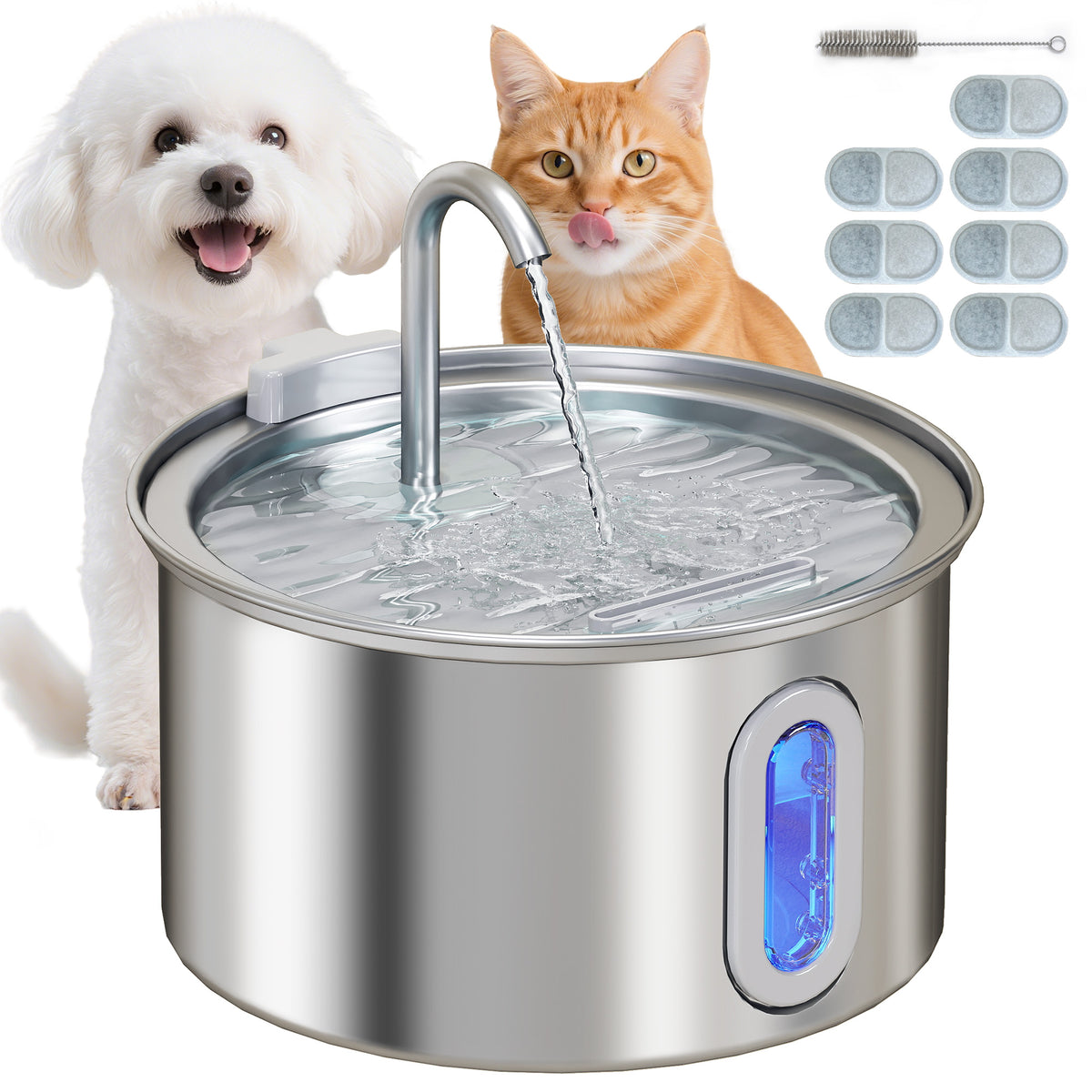 Katzenbrunnen 2,5L Trinkbrunnen für Katzen mit leiser Pumpe LED Aktivkohlefilter 19,4 x 19,4 x 18,7 cm