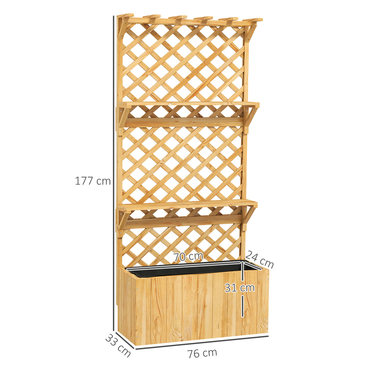 52L Wooden Planter, with Trellis and Shelves - Natural Finish