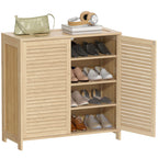 Bamboo Shoe Cabinet with Louvered Doors, 14 Pairs Shoe Storage Cabinet with Adjustable Shelves for Hallway, Natural