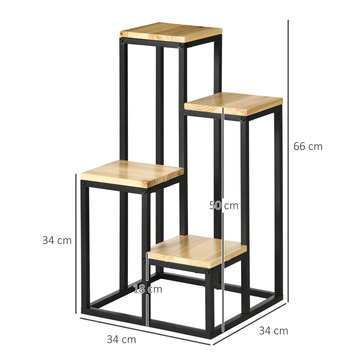 Pflanzenst?nder im Industrie Design mit 4 Regalen, Blumentreppe, 34 cm x 34 cm x 66 cm, Natur + Schwarz