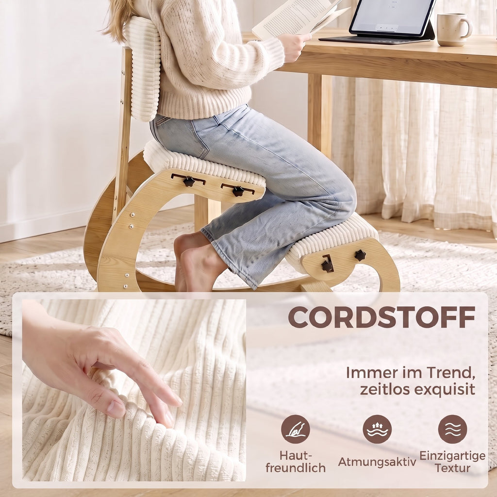 Ergonomischer Kniestuhl mit Rückenlehne, Cord-Optik, Cremeweiß