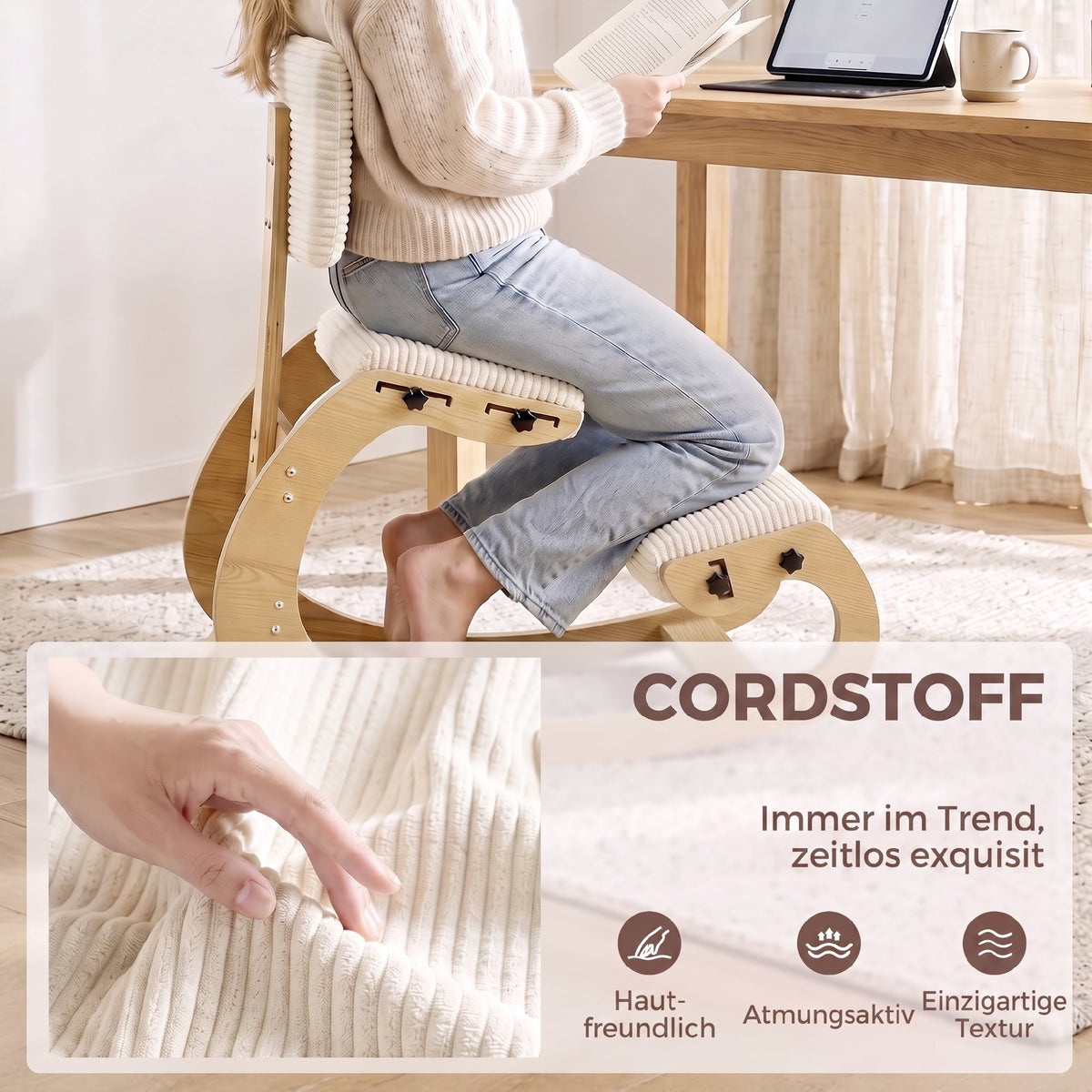 Ergonomischer Kniestuhl mit Rückenlehne, Cord-Optik, Cremeweiß